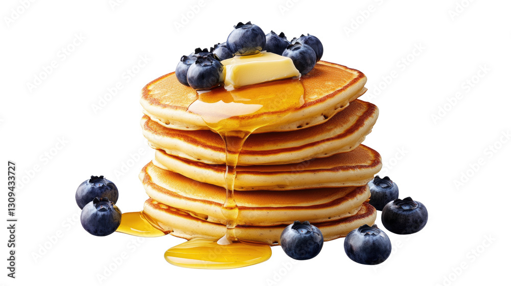 A stack of pancakes with blueberries and butter on top