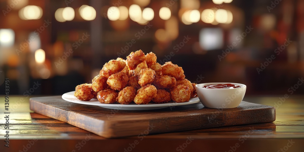 Realistic 3D Icon Cartoon of A Plate of Crispy Fried Mushrooms with Dipping Sauce on a Wooden Board with a Softly Blurred Pub Background Realistic 3D Icon Cartoon of A Plate of Crispy Fried Mushrooms with Dipping Sauce on a Wooden Board with a Softly Blurred Pub Background
