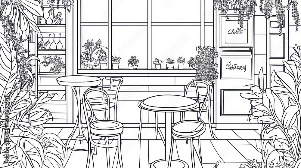 Fototapeta premium Black and white cafe interior, plant-filled. Coloring book page