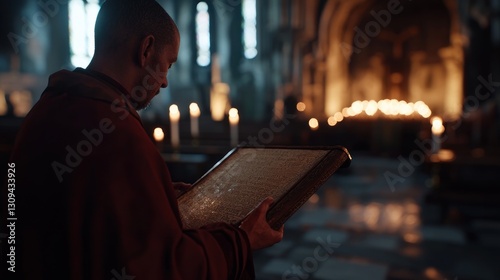 Monk reading ancient book in candlelit church