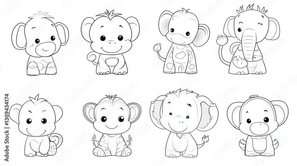 Cute cartoon animals, coloring pages, kids, playful, simple black and white Cute cartoon animals, coloring pages, kids, playful, simple black and white
