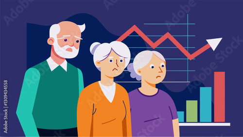 An older couple looking worried as they watch a graph showing their retirement savings decrease while a line representing student debt rises steadily.. Vector illustration