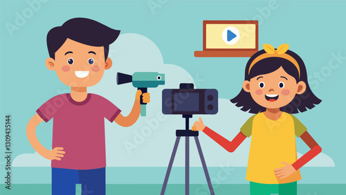 Two siblings filming a prank wars video for their familyfriendly YouTube channel.. Vector illustration