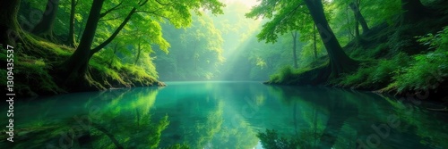 Water's glassy surface reflects emerald foliage, serene atmosphere, peaceful, Hoh Rain Forest, forest