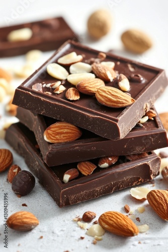 Chocolate blocks with almonds and hazelnuts embedded, elegant gourmet style