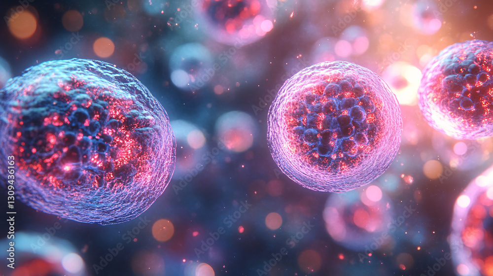 Naklejka premium health immune routine. Microscopic view of colorful, glowing cells in a dark background.