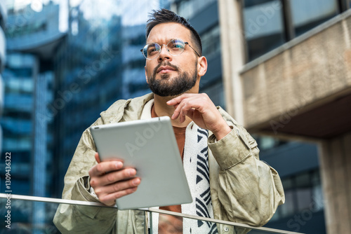 Young hipster businessman with cool attitude standing out of office building working digital tablet. Expatriate business person standing out of the crowd, intelligent design professional occupation.