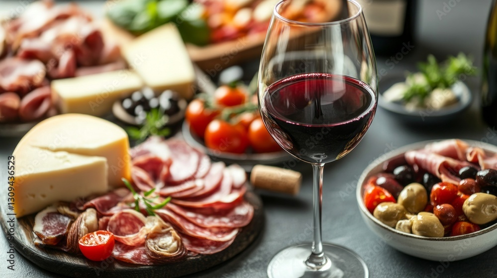 A stunning table features a crystal glass of red wine and an assortment of cheeses, cured meats, olives, and fresh tomatoes, creating a cozy atmosphere for relaxation
