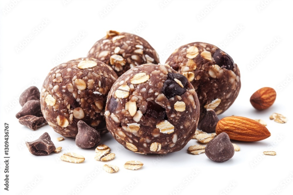 Chocolate energy balls with oats and nuts, fitness-friendly composition, clean white background