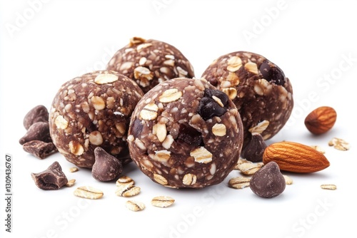 Obraz na płótnie Chocolate energy balls with oats and nuts, fitness-friendly composition, clean white background w salonie