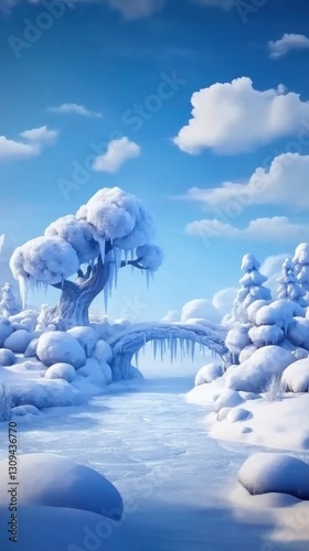 Frozen landscape Winter scene with snow-covered trees, bridge, ice. Scenic view for inspiration