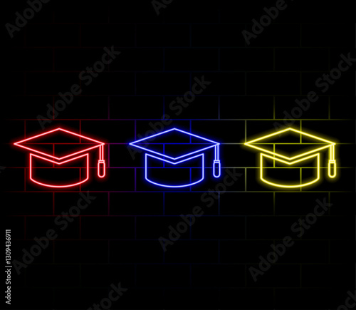 Neon academic hat icon. Glowing neon education sign, outline mortarboard pictogram in vivid colors. Online education and learning, academy and university, master degree, MBA. Vector icon set, sign