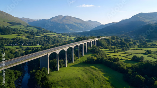 Stone Arch Bridge Spanning Lush Green Valley with River Mountains and Trees Under Bright Sunlight