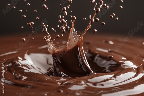 Chocolate splash captured in mid-air, macro shot, dramatic lighting, liquid movement