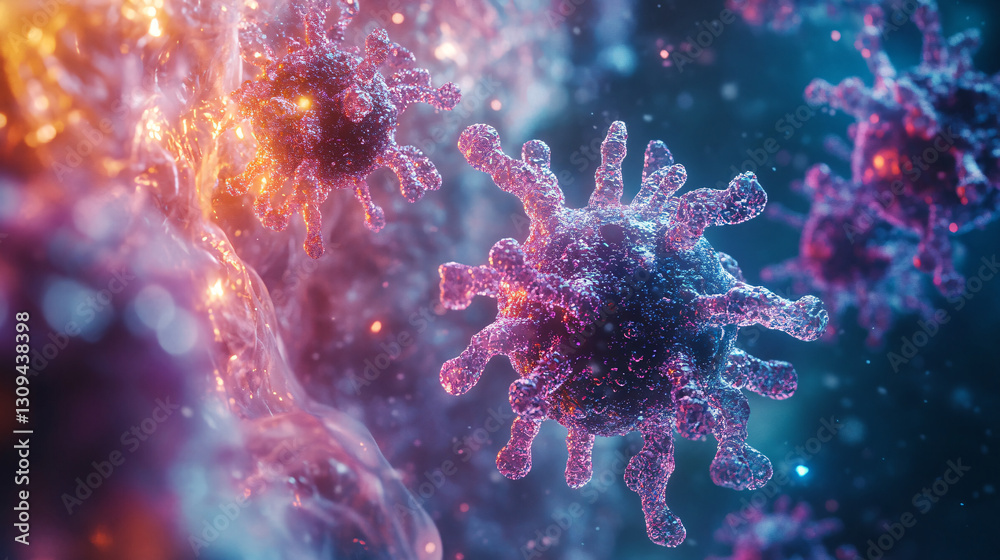 Fototapeta premium health immune routine. Vibrant microscopic view of virus-like structures.