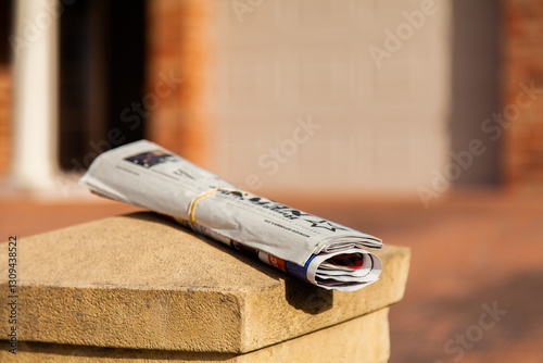 Newspaper rolled up and placed on mailbox in front of home photo