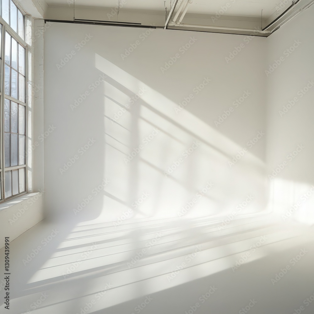 Fototapeta premium Sunlit White Room Interior with Window Light and Shadows