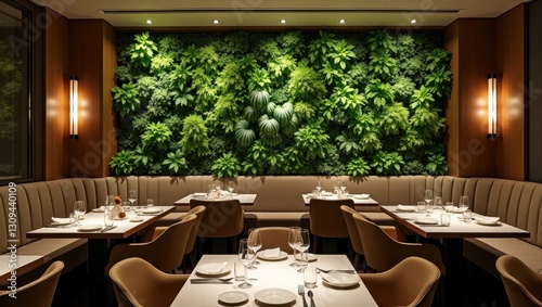 Vertical farms create a lush green wall in modern restaurant interior design