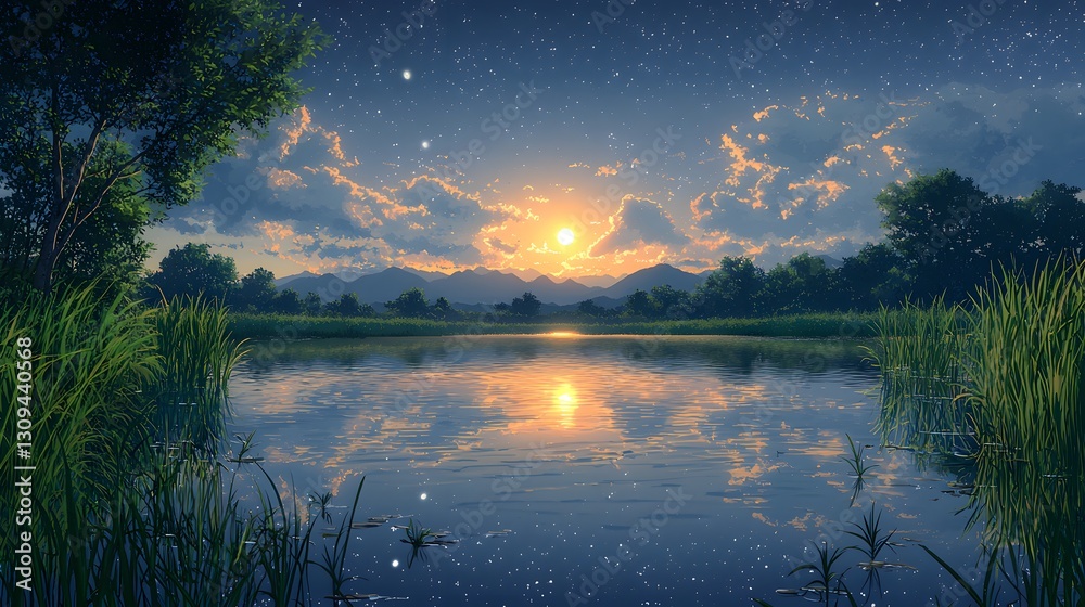 A beautiful sunset reflecting over calm waters with trees surrounding A beautiful sunset reflecting over calm waters with trees surrounding
