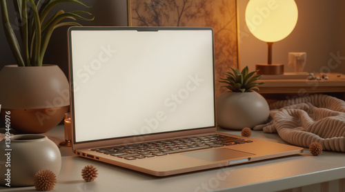 Wallpaper Mural golden laptop with a blank screen on a warm-lit desk Torontodigital.ca