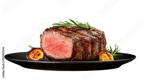A steak is cut in half and has a few pieces of garlic on it