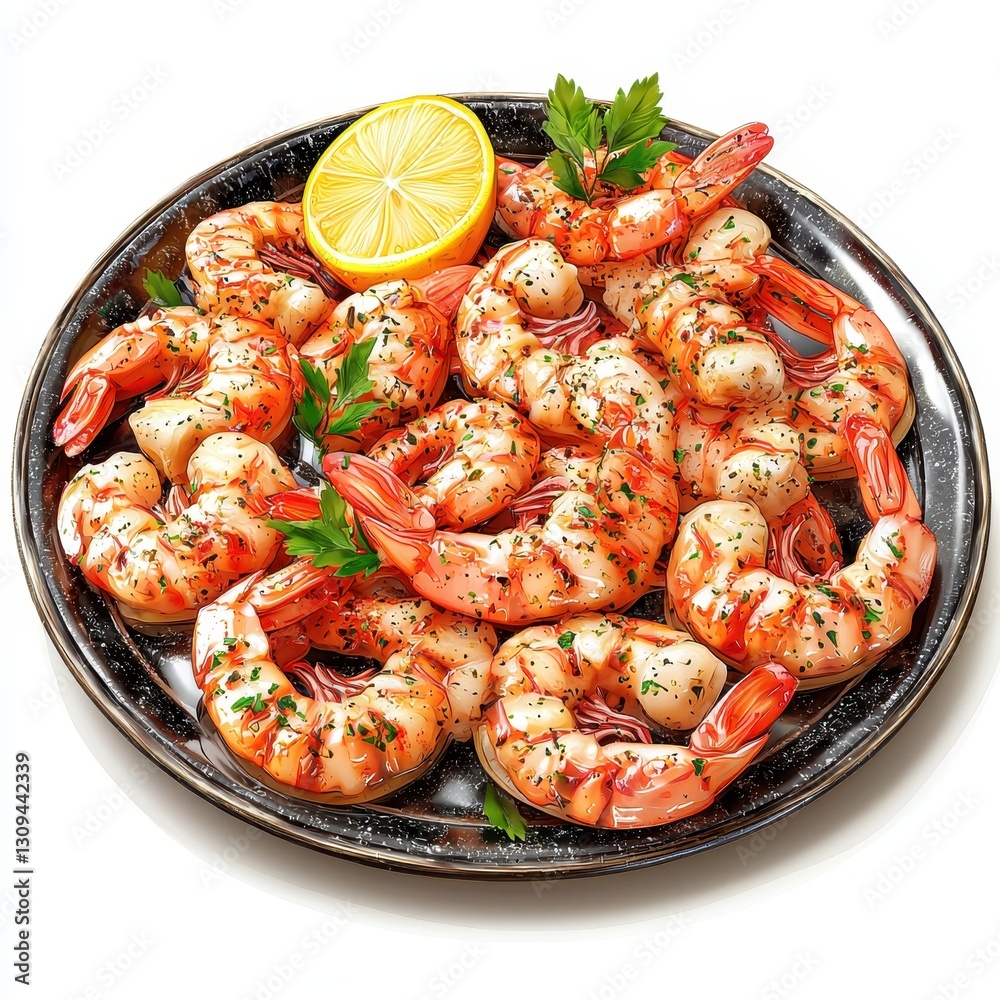Realistic 3D Icon Cartoon of a Platter of Grilled Lemon Garlic Shrimp isolated on clear white background
