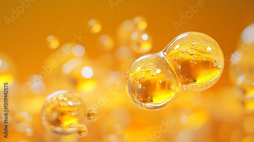 Golden liquid bubbles merge backlit by a warm light creating a honey-like texture and shimmering highlights