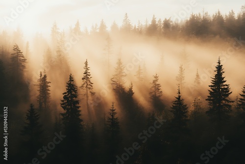 Misty Forest Sunrise: Golden Light Piercing Through