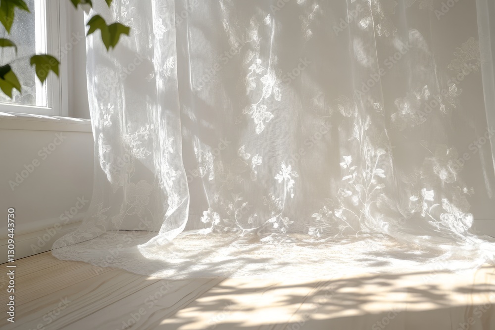 Obraz premium Soft shadows dance on a sunlit floor through delicate lace curtains in a bright room
