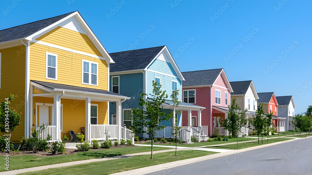Colorful Row Of Houses With Blue Sky Sunny Day With Trees And Gardens Colorful Row Of Houses With Blue Sky Sunny Day With Trees And Gardens