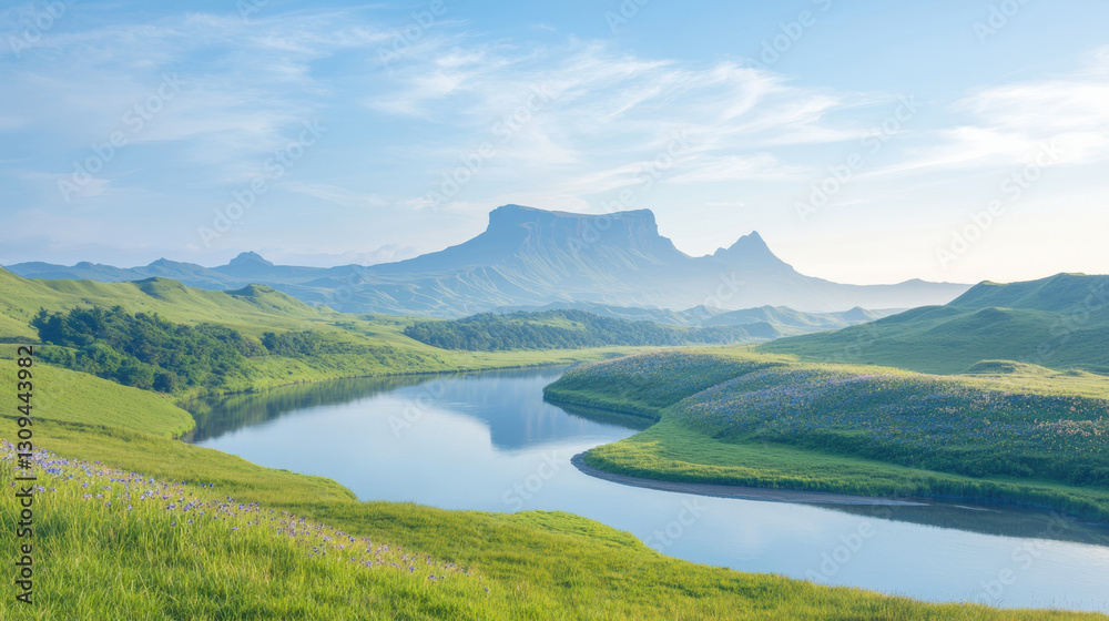 Aerial view of lush green valley with meandering river, surrounded by mountains and blue sky. serene landscape evokes sense of tranquility and natural beauty Aerial view of lush green valley with meandering river, surrounded by mountains and blue sky. serene landscape evokes sense of tranquility and natural beauty