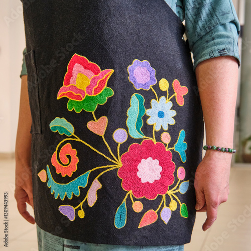 Black womens apron featuring traditional Tatar Floral embroidery