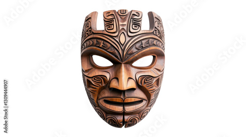 A wooden mask with a face carved into it
