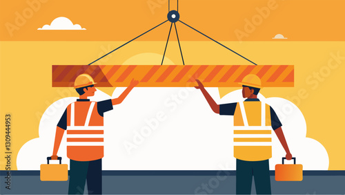 Two workers wearing bright orange safety vests guide a crane as it carefully lowers large metal beams into place for the beginning of the underpass. Vector illustration