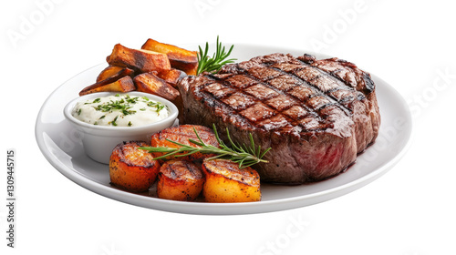 A plate of steak and potatoes with a sauce