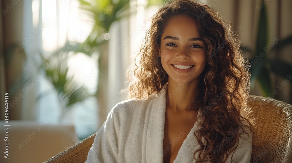 Woman with wavy hair and a white robe, smiling warmly in sunlight. Woman with wavy hair and a white robe, smiling warmly in sunlight.
