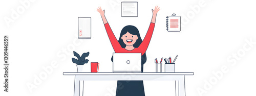 A minimalist flat illustration of an office worker with her hands raised
