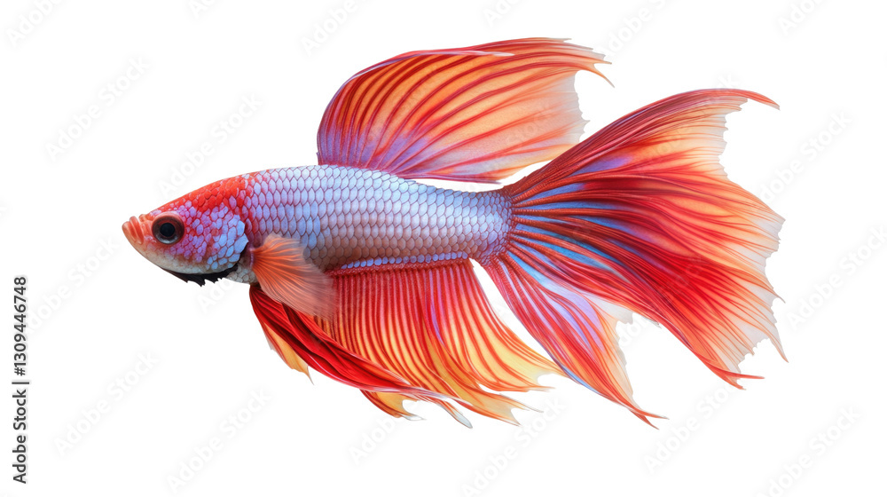 A fish with a red and blue tail is swimming in a tank A fish with a red and blue tail is swimming in a tank