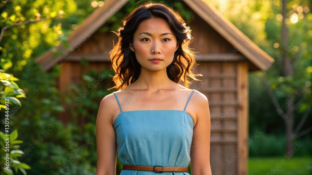 Naklejka premium a beautiful asian woman in a summer dress standing in front of a wooden shed, with sunlight casting a warm glow. She has a gentle smile