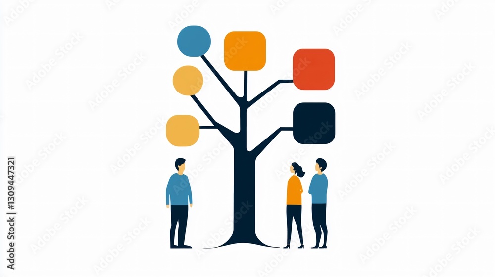 Data Tree Concept: An abstract representation of information and collaboration, a digital tree bears colorful data nodes, with a team of people thoughtfully gathered. Data Tree Concept: An abstract representation of information and collaboration, a digital tree bears colorful data nodes, with a team of people thoughtfully gathered.