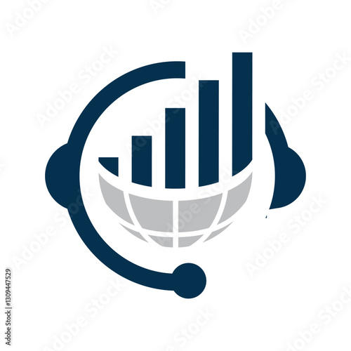 The image shows a flat logo design that depicts a headset with graph bar on a globe. 