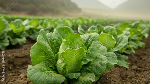 Lush green romaine lettuce growing in field, showcasing healthy leaves and rich soil. serene landscape in background adds to agricultural beauty