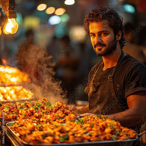 Street vendor expertly cooking food over a hot grill as customers await delicious authentic traditional dishes