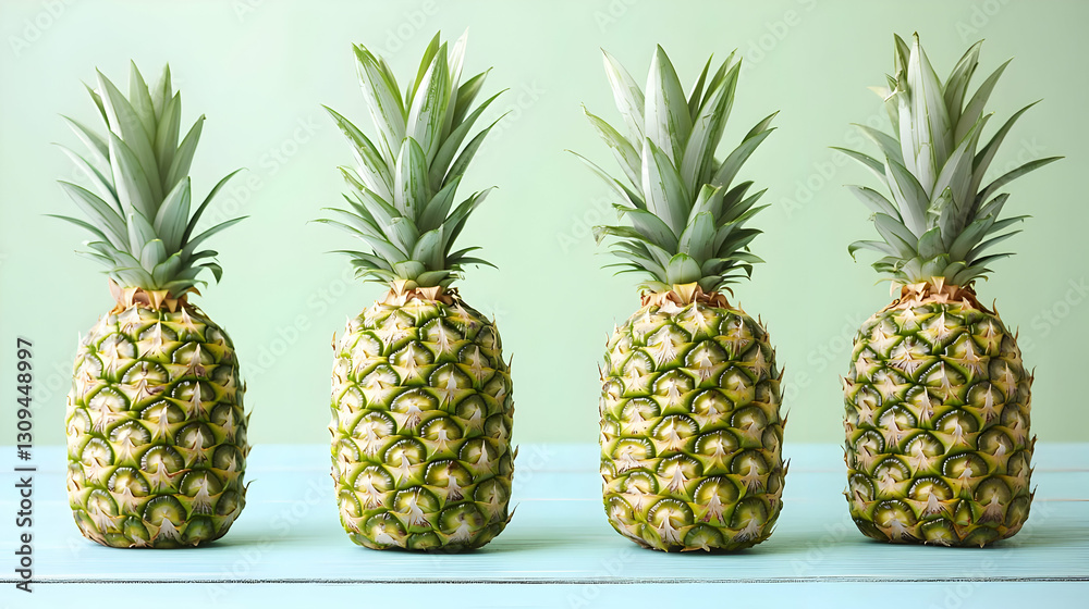Four Whole Pineapples Lined Up On A Turquoise Table With A Light Green Background Four Whole Pineapples Lined Up On A Turquoise Table With A Light Green Background