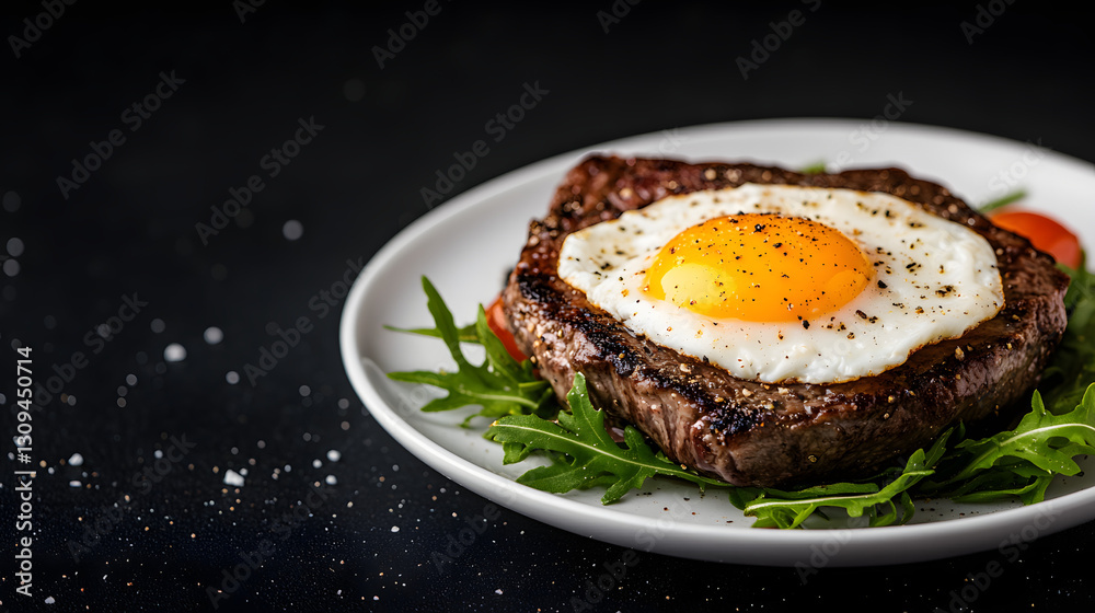 A space food plate featuring steak and eggs, with a blurred rocket launch in the background, capturing the essence of space exploration and futuristic dining.
