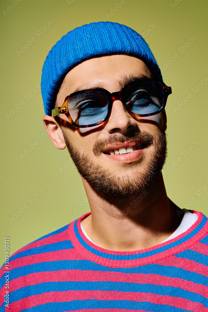 Obraz premium Young man showcases vibrant style in trendy sunglasses against a green backdrop