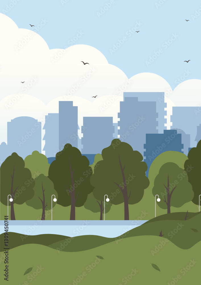 Fototapeta premium City park with green trees, lanterns and town buildings on skyline. Vector cartoon spring landscape
