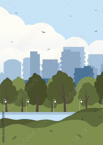 City park with green trees, lanterns and town buildings on skyline. Vector cartoon spring landscape