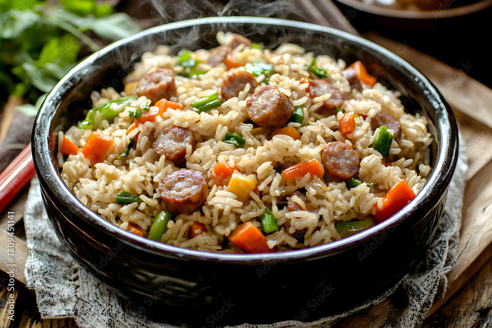 Steamy Chinese clay pot rice with sausage and vegetables. Steamy Chinese clay pot rice with sausage and vegetables.