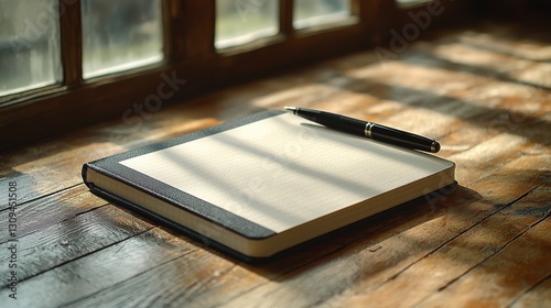 A thoughtful composition of a book and a pen resting on a table surrounded by soft shadows and natural light